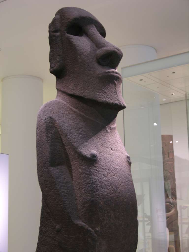 British Museum Top 20 10 Easter Island Hoa Hakananaia 10. Hoa Hakananai'a � Easter Island, 1000AD, 2.42m high. Easter Island is famous for its stone statues of human figures, known as moai. They were probably carved to commemorate important ancestors.  The stone statue has a heavy eyebrow ridge, elongated ears and oval nostrils. The clavicle is emphasized, and the nipples protrude. The arms are thin and lie tightly against the body; the hands are hardly indicated.